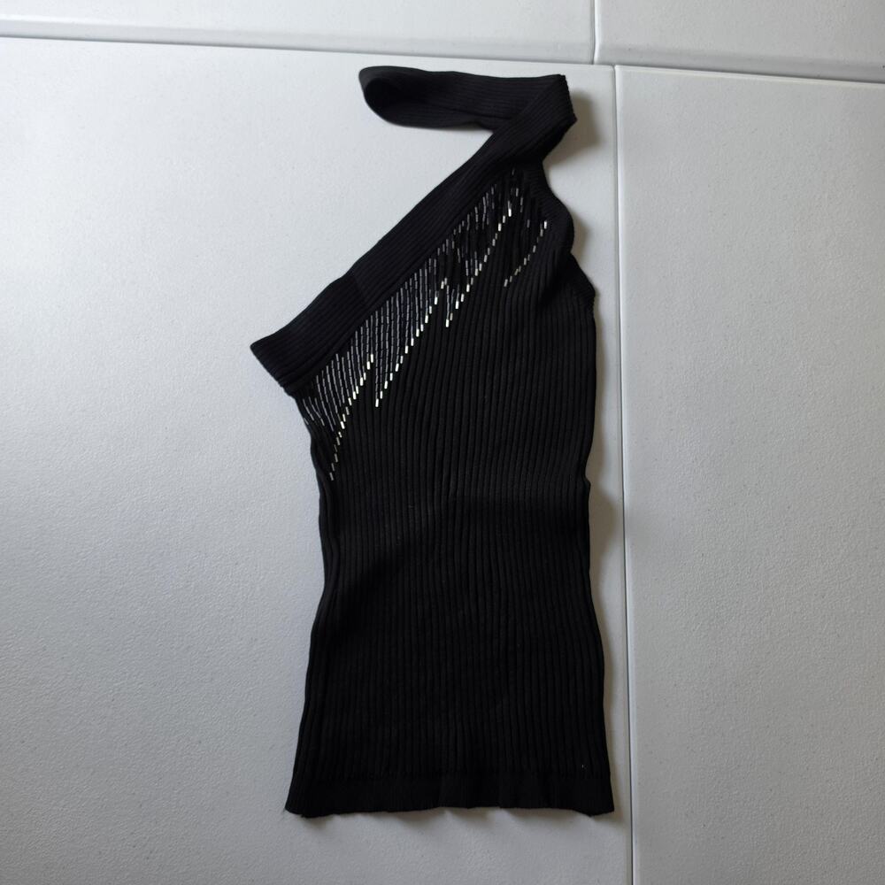 90s Cache Tank Top Large Black Silk One Shoulder Beaded Party Ribbed Event Date